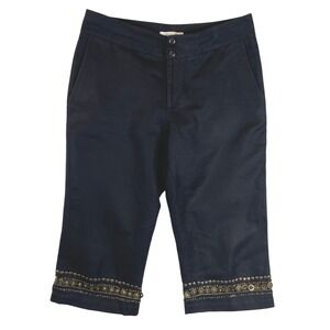 Coldwater Creek Black Linen Blend Studded Sequin Hem Capri Pants Womens P8